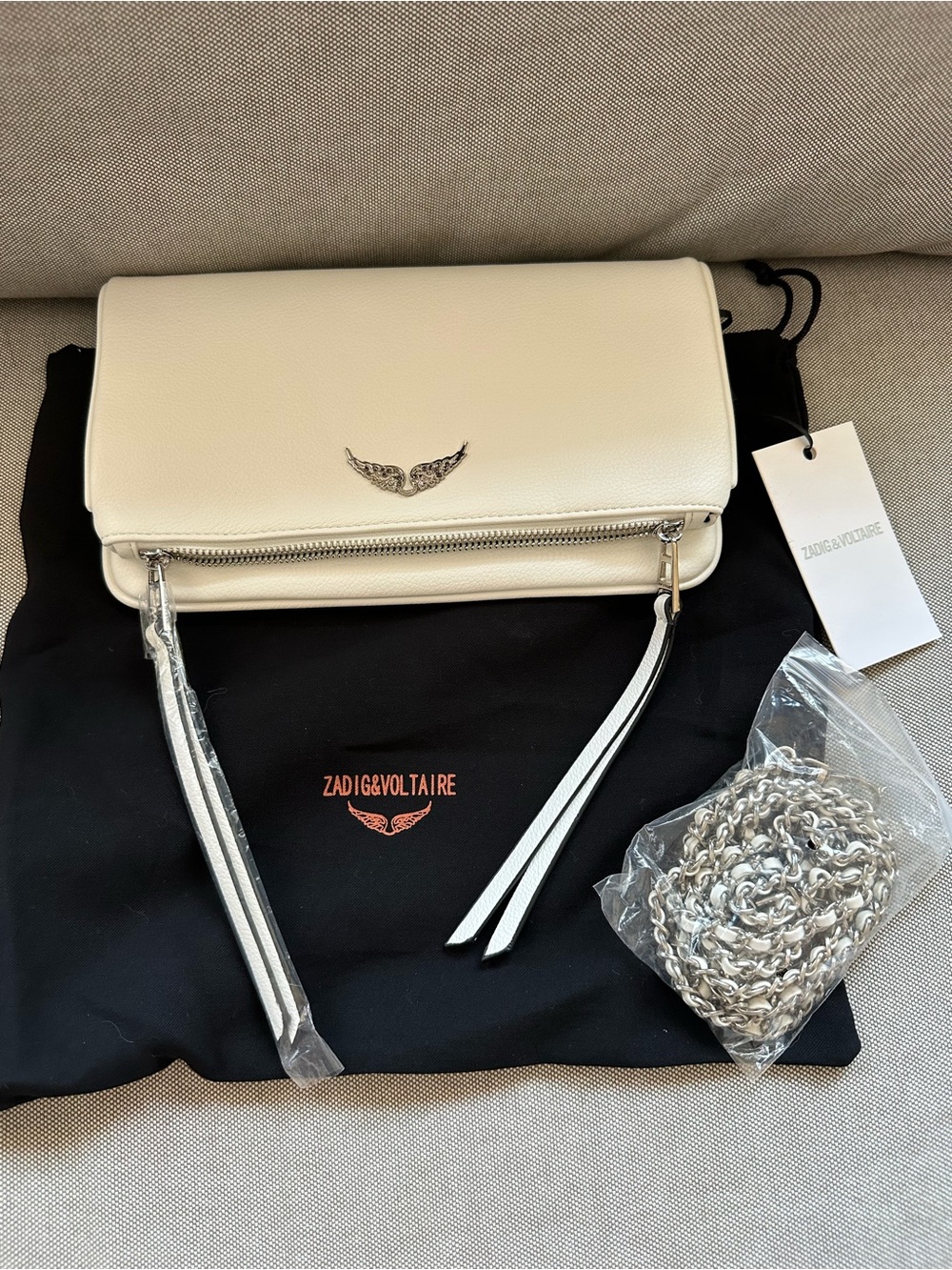 Zadig & Voltaire Cream Leather Crossbody Bag Rock Nano Clutch